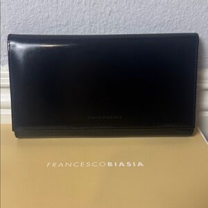 Francesco Biasia Black Leather Wallet Clutch Made in Italy